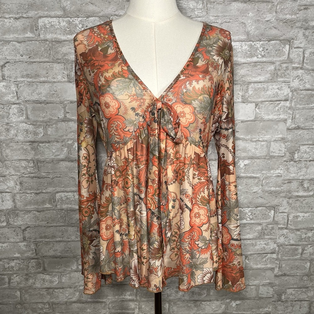 orange floral print deep V-neck knot bell sleeve blouse sheer, boho Size Large